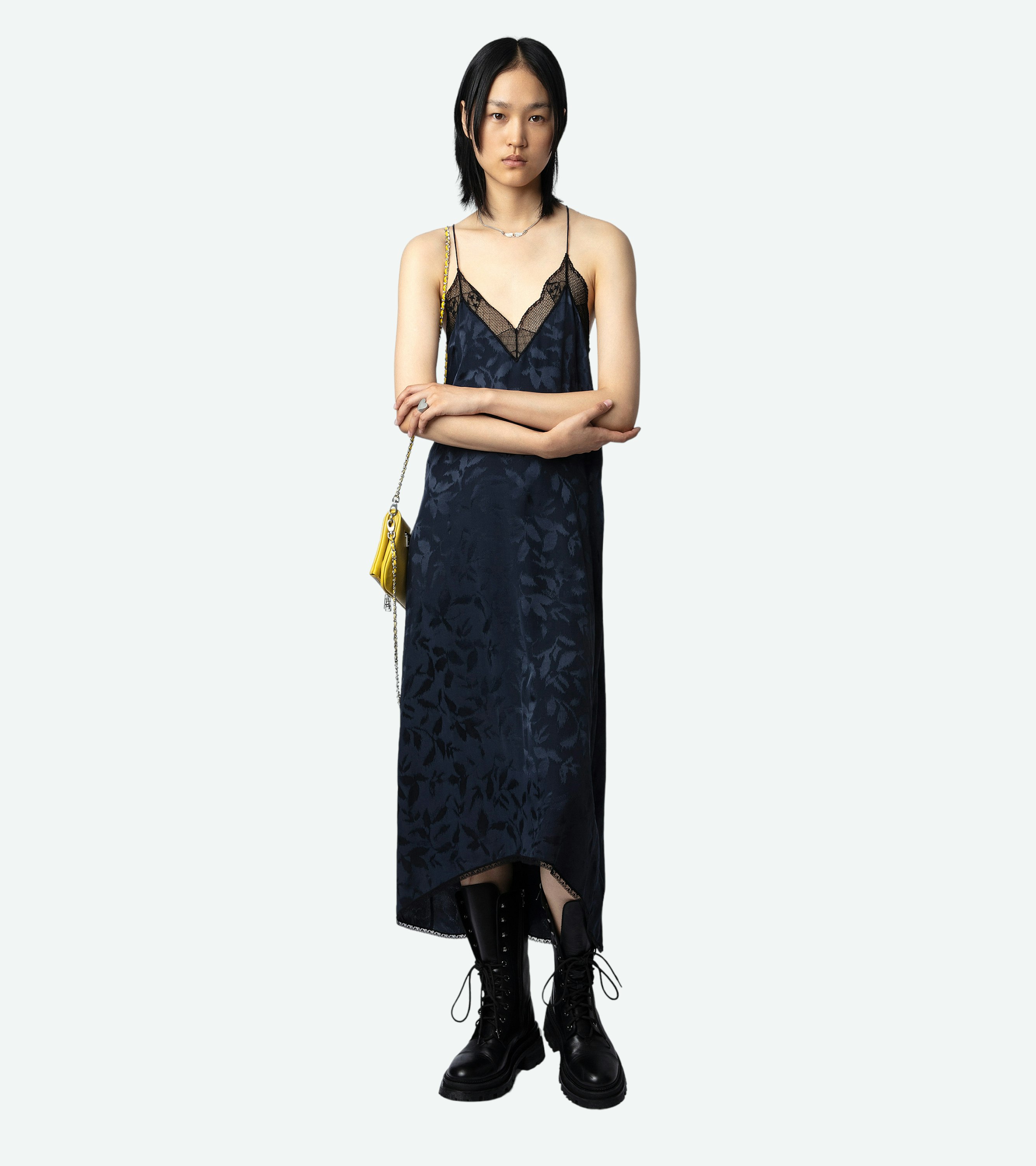 Risty Silk Jacquard Dress - Women’s long navy blue floral silk jacquard with lace trim.
