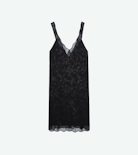 Renelle Silk Jacquard Dress - Women’s short black silk dress with jacquard floral print and lace trim.