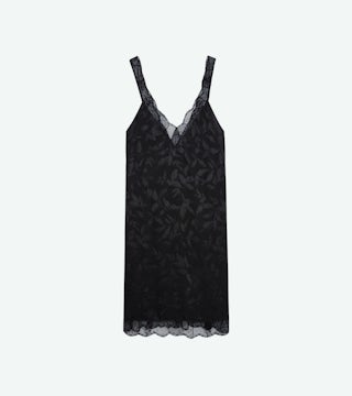 Robe Renelle Soie Jacquard - Robe courte en soie noire imprimé jacquard fleuri ornée de dentelle.