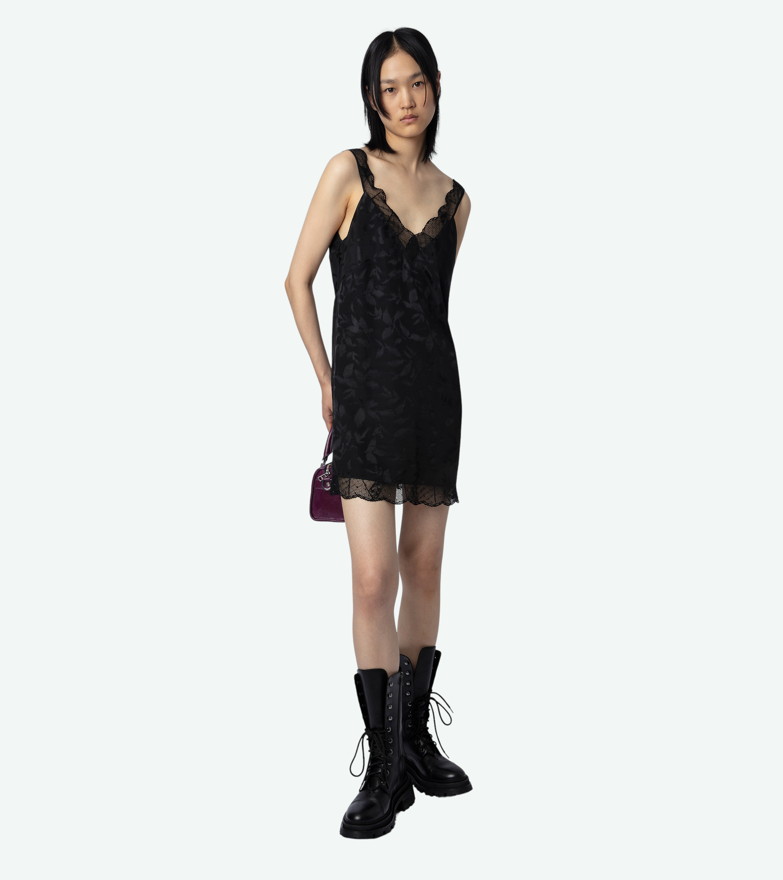 Renelle Silk Jacquard Dress - Women’s short black silk dress with jacquard floral print and lace trim.