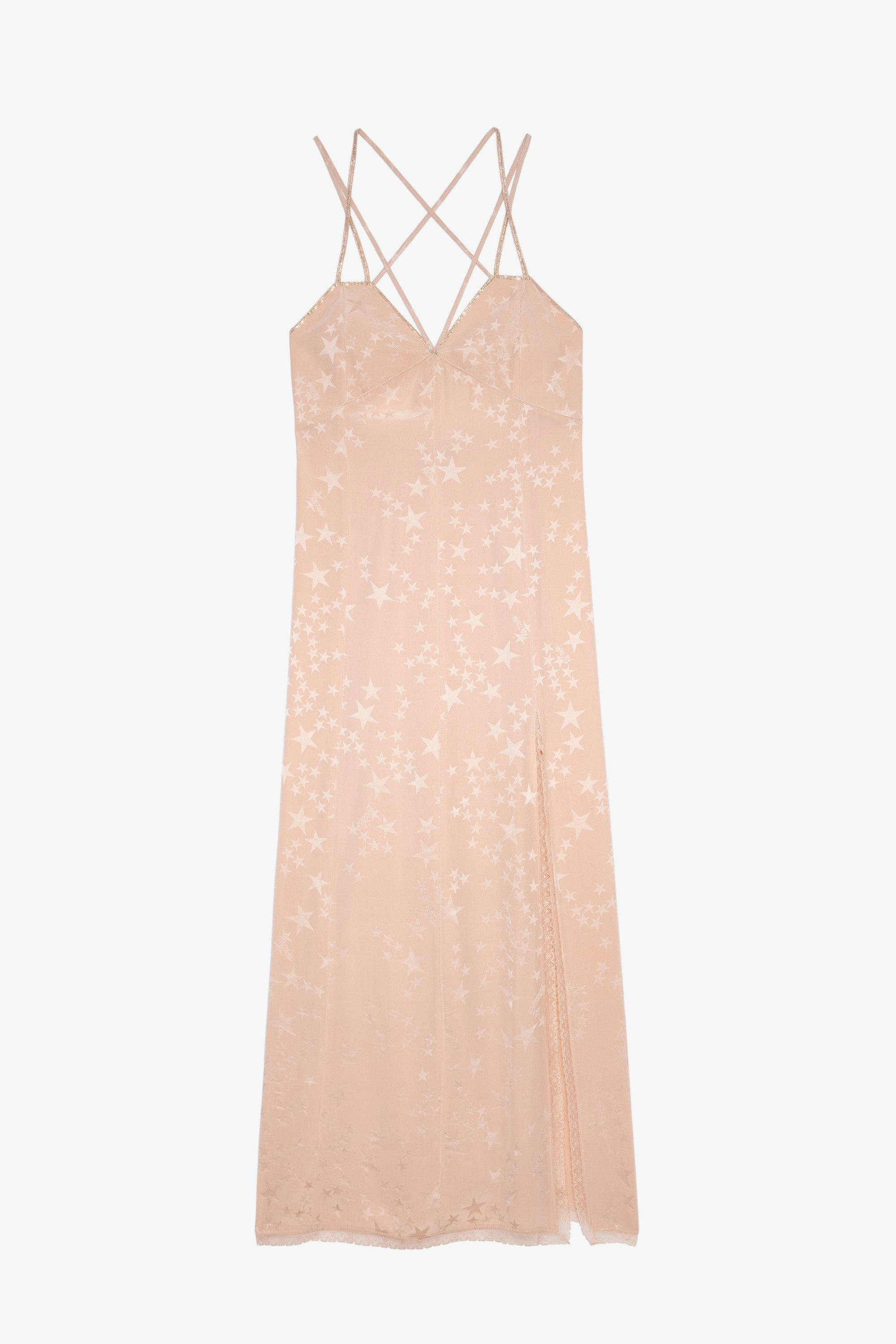 Rohal Silk Jacquard Dress - Women’s long pink star jacquard silk dress with cross straps embellished with diamanté and lace hem.