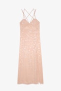 Rohal Silk Jacquard Dress - Women’s long pink star jacquard silk dress with cross straps embellished with diamanté and lace hem.