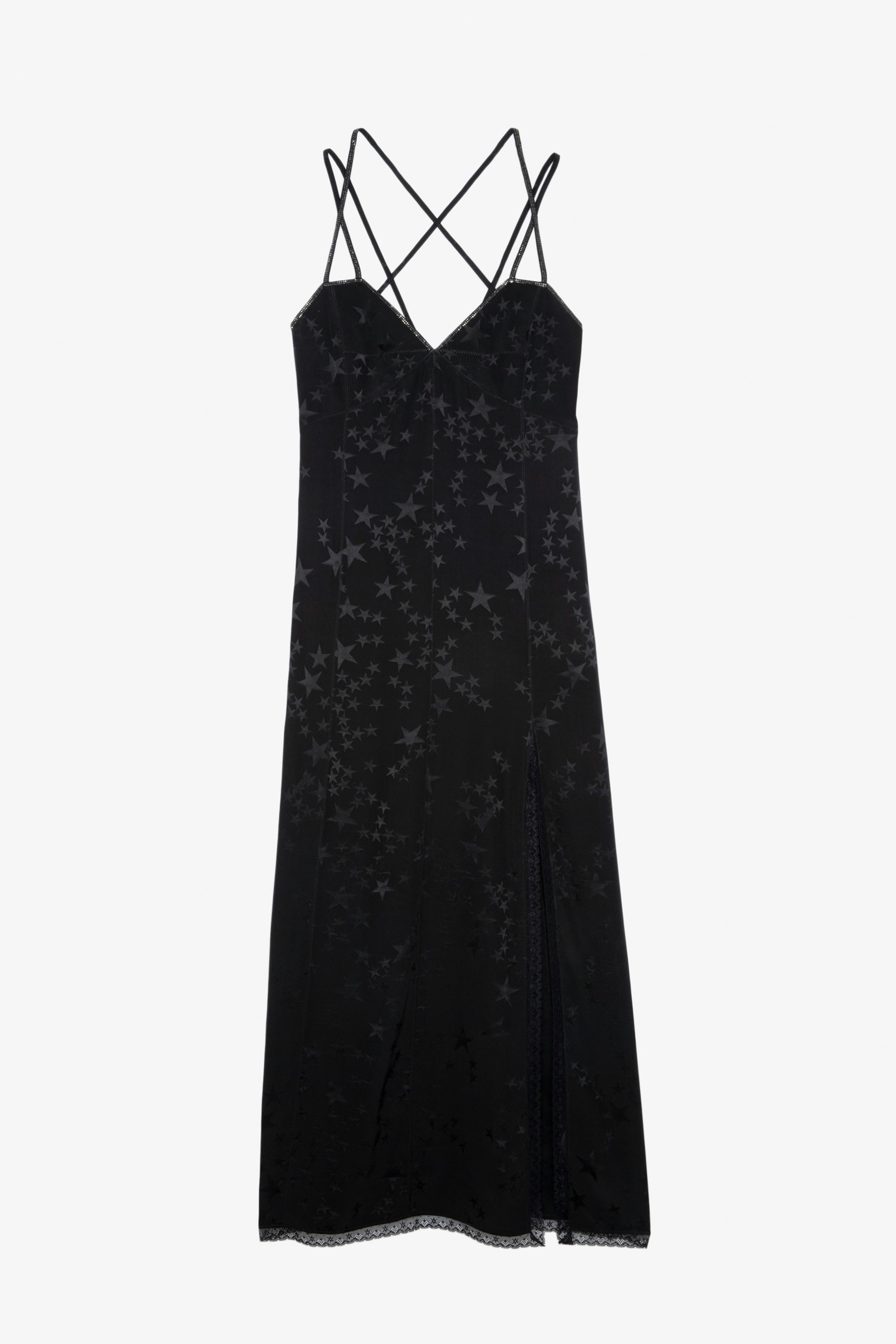 Rohal Silk Jacquard Dress - Women’s long black silk lingerie-style dress with jacquard stars, diamanté-embellished crossover straps and lace hem.