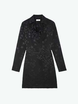 Robe Ravy Soie - Robe courte en soie noire imprimé jacquard étoiles.