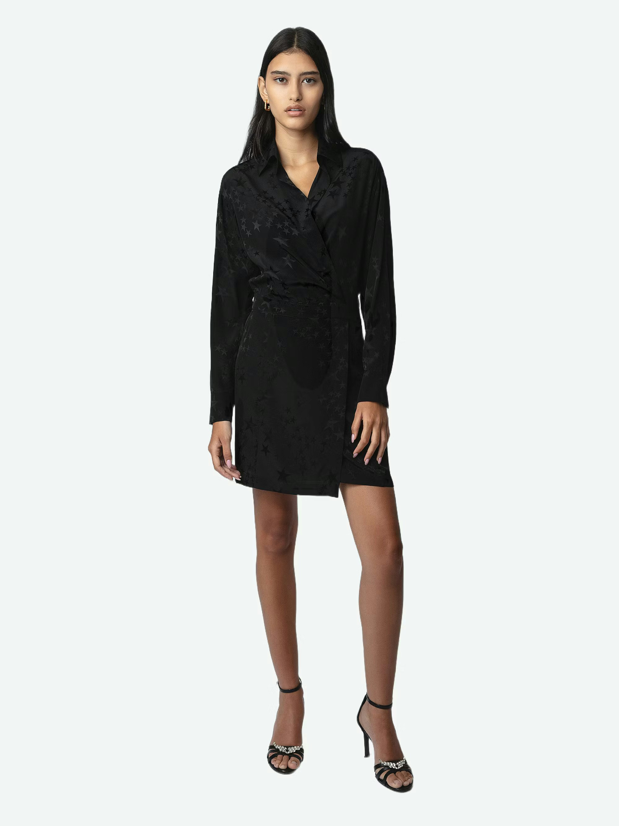 Dress Ravy Silk - Women’s short black silk dress in star-print jacquard.