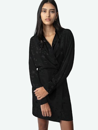 Robe Ravy Soie - Robe courte en soie noire imprimé jacquard étoiles.