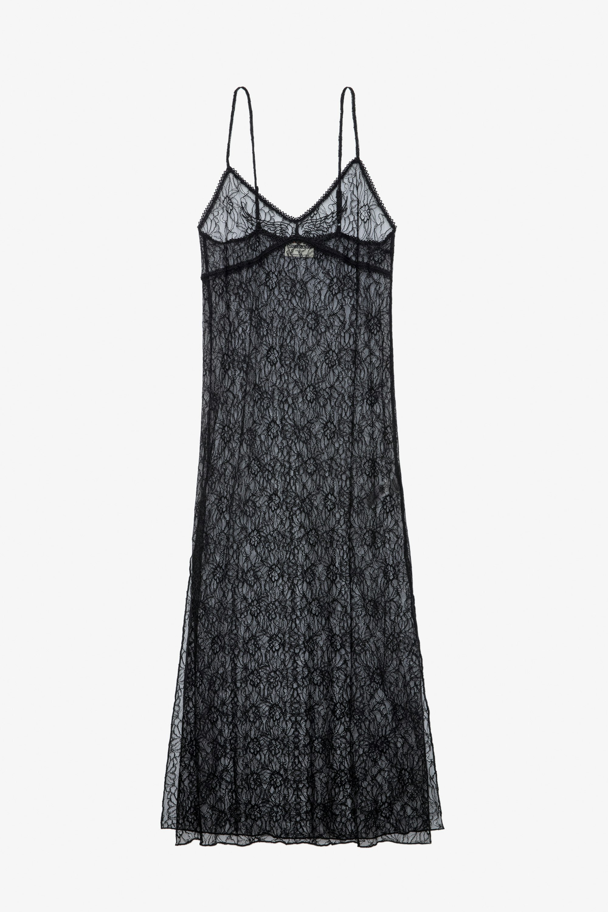 Kleid Ryzig - Langes, transparentes Kleid im Lingerie-Stil in Schwarz mit schmalen Trägern, geblümter Spitze und Flügeln.