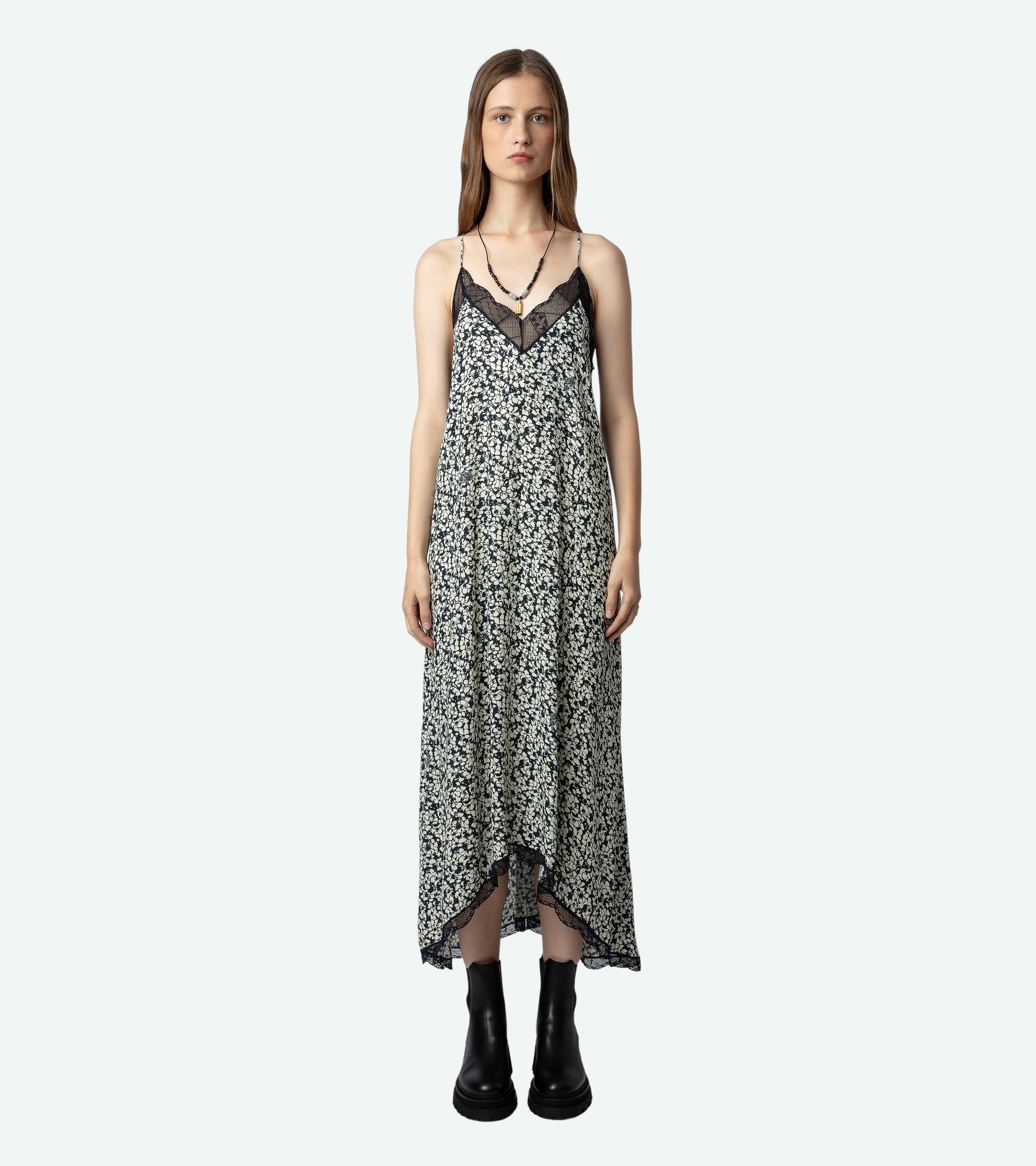 Risty Dress - Women’s long ecru floral-print dress with lace trim.