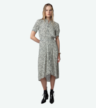 Rima Dress - Women’s ecru floral-print midi dress with asymmetric skirt.