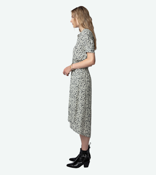 Robe Rima - Robe mi-longue écrue imprimé fleuri à jupe asymétrique.