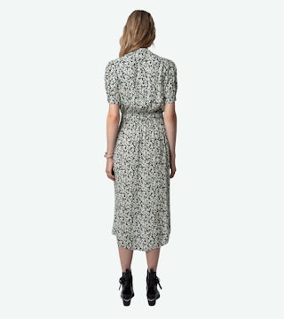 Robe Rima - Robe mi-longue écrue imprimé fleuri à jupe asymétrique.