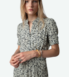 Rima Dress - Women’s ecru floral-print midi dress with asymmetric skirt.