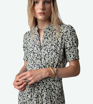 Robe Rima - Robe mi-longue écrue imprimé fleuri à jupe asymétrique.