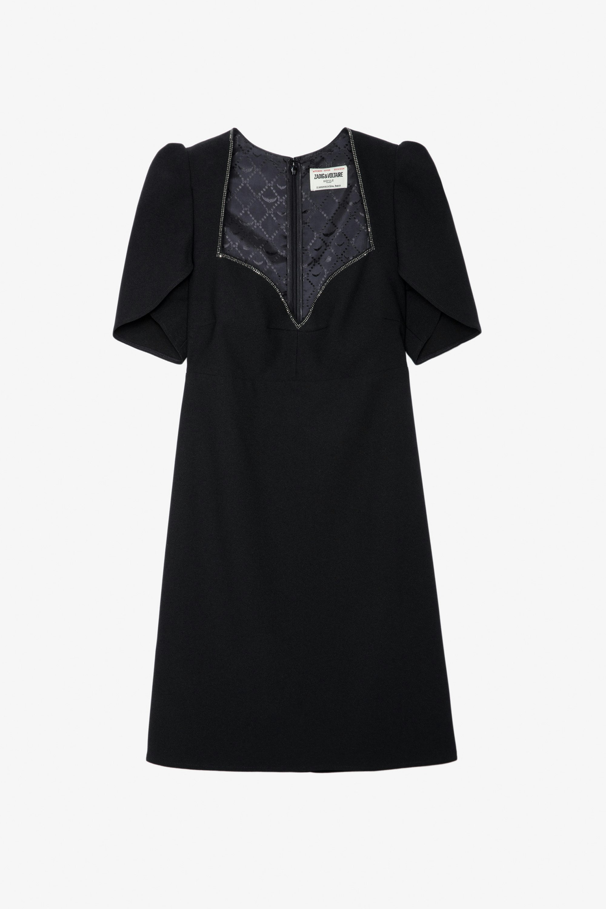 Kleid Roxelle Strass - Kurzes Kleid aus schwarzem Crêpe mit strassbesetztem Herzausschnitt und kurzen asymmetrischen Ärmeln.