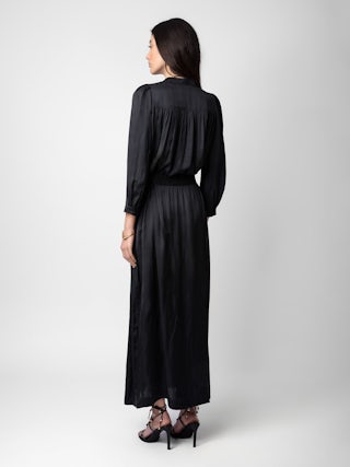 Robe Ritchil Satin - Black satin long dress with 3/4-length sleeves and tie at the waist.