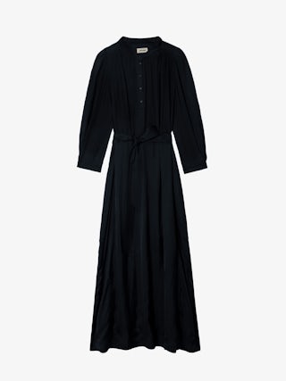 Robe Ritchil Satin - Black satin long dress with 3/4-length sleeves and tie at the waist.