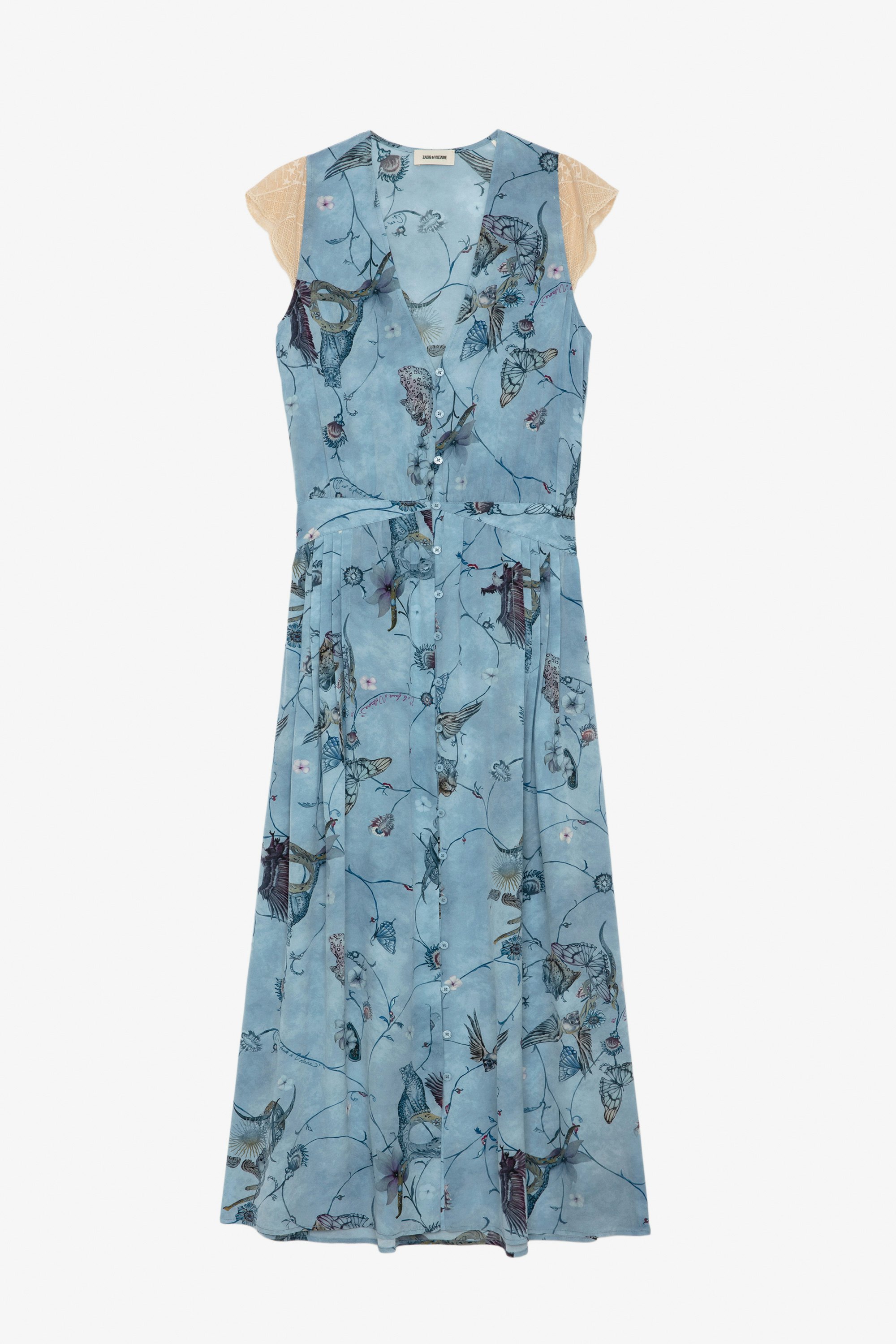 Rolanys Silk Dress - Women’s blue silk lingerie-style long dress with print and lace shoulders.
