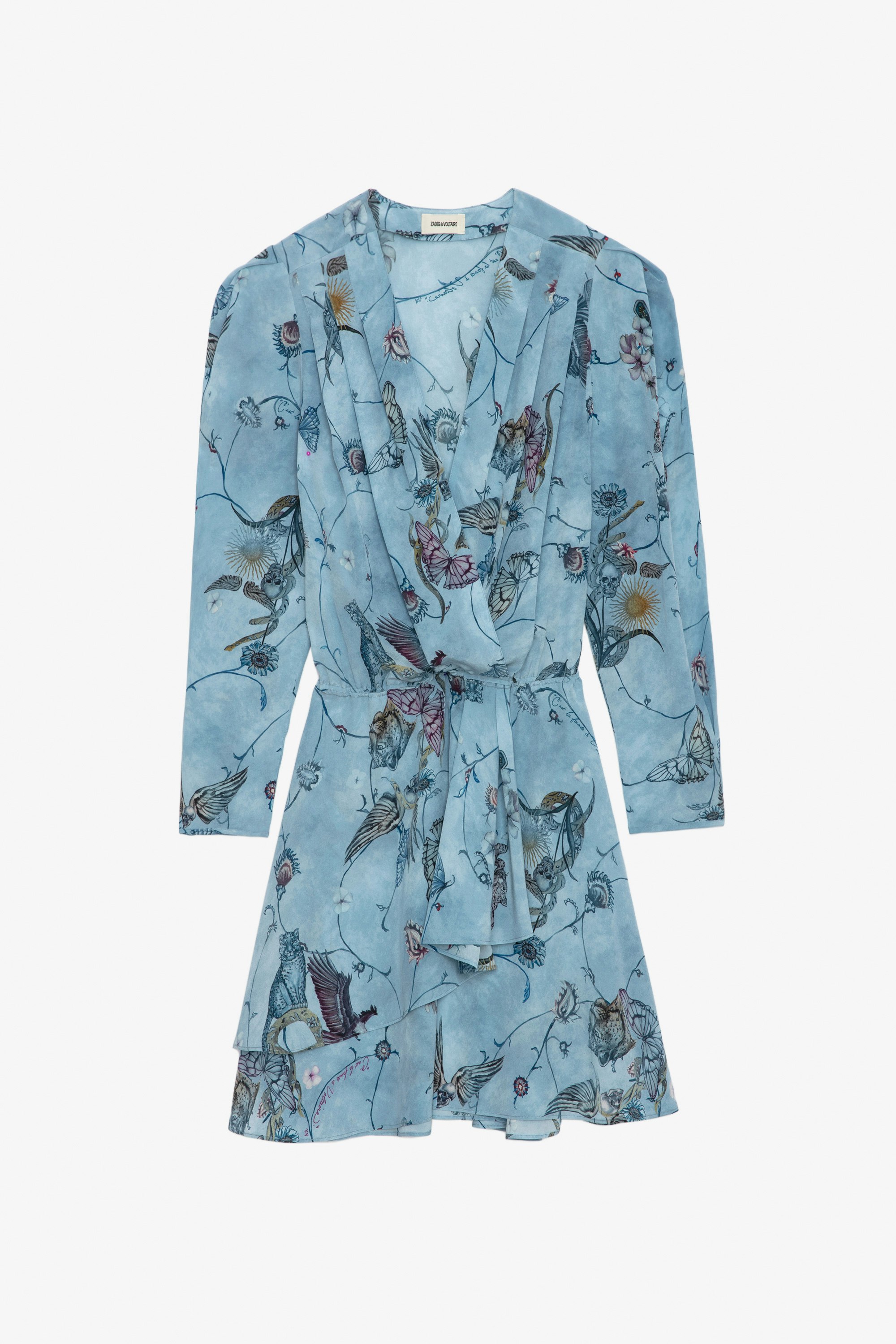 Rogers Silk Dress - Blue silk mini dress with print, elasticated waist and asymmetric skirt.