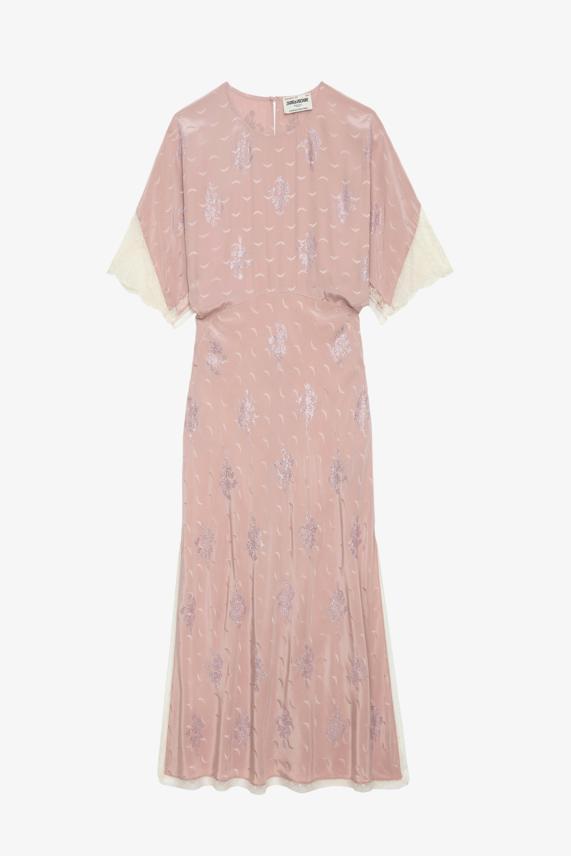 Rey Silk Jacquard Dress - Pink silk lingerie-style midi dress with jacquard wings, diamanté, lace and seam at the back.