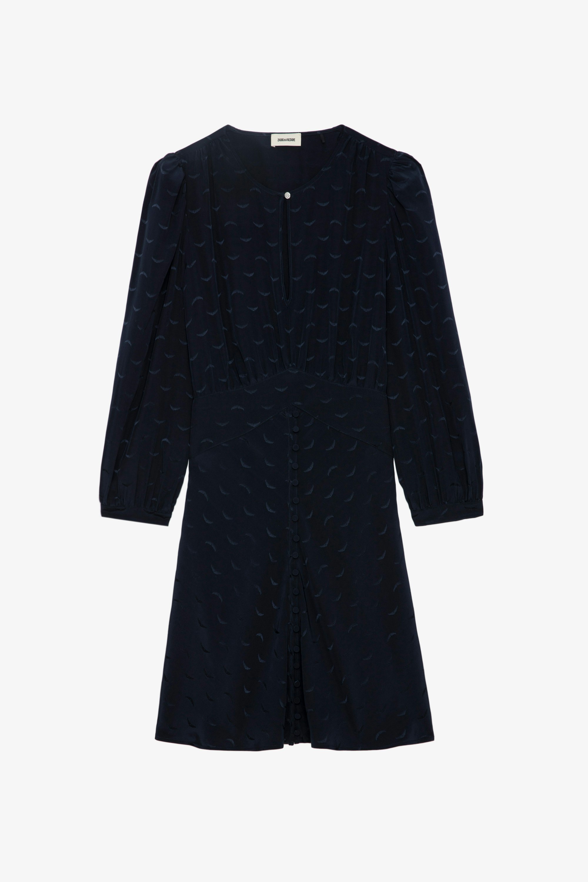 Rhodri Silk Jacquard Dress - Short navy blue silk dress with jacquard wings, button closure and 3/4-length sleeves.