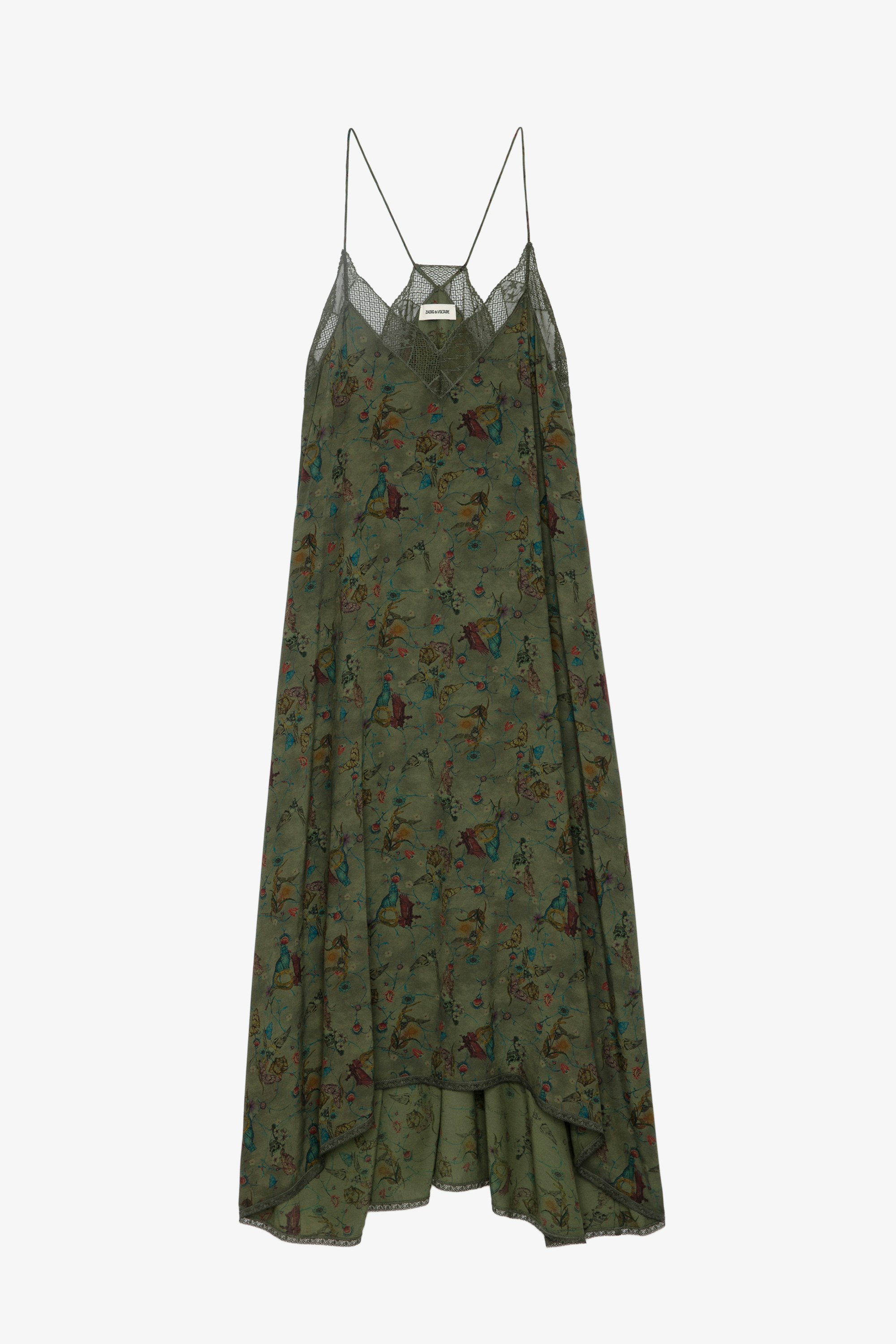 Risty Dress - Printed khaki lingerie-style long dress with thin straps and lace-trimmed neckline.