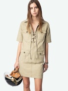 Record Dress - Short military-style dress in washed cotton, short sleeves, laced neckline, and multiple pockets.