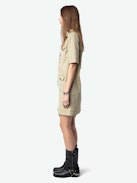 Record Dress - Short military-style dress in washed cotton, short sleeves, laced neckline, and multiple pockets.