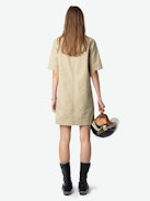 Record Dress - Short military-style dress in washed cotton, short sleeves, laced neckline, and multiple pockets.