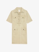 Record Dress - Short military-style dress in washed cotton, short sleeves, laced neckline, and multiple pockets.
