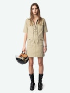Record Dress - Short military-style dress in washed cotton, short sleeves, laced neckline, and multiple pockets.
