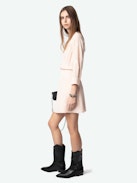 Rucas Dress - Light pink ruched mini dress with Flash Hearts print, long sleeves, and draped skirt.