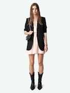 Rucas Dress - Light pink ruched mini dress with Flash Hearts print, long sleeves, and draped skirt.