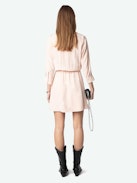 Rucas Dress - Light pink ruched mini dress with Flash Hearts print, long sleeves, and draped skirt.