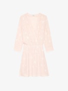 Rucas Dress - Light pink ruched mini dress with Flash Hearts print, long sleeves, and draped skirt.
