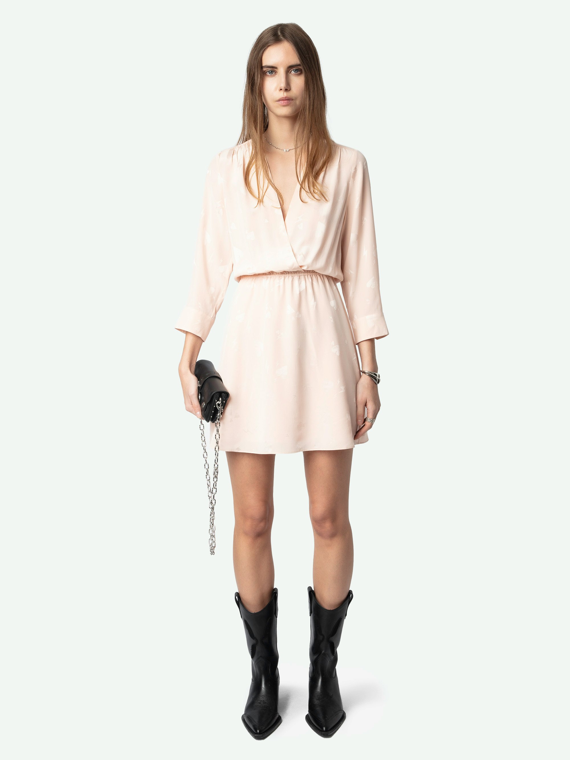 Rucas Dress - Mini light pink dress with Flash Hearts print, long sleeves and draped skirt.