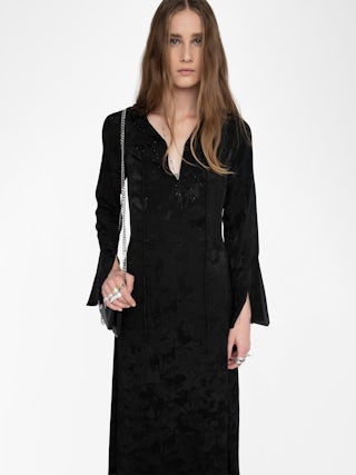 Rikal Dress 100% Silk - Long dress in jacquard horses silk, long sleeves, side slit and lace-up neckline.