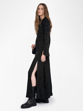 Rikal Dress 100% Silk - Long dress in jacquard horses silk, long sleeves, side slit and lace-up neckline.
