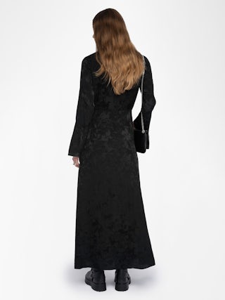 Rikal Dress 100% Silk - Long dress in jacquard horses silk, long sleeves, side slit and lace-up neckline.