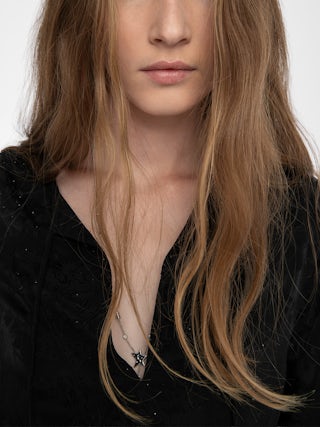 Rikal Dress 100% Silk - Long dress in jacquard horses silk, long sleeves, side slit and lace-up neckline.