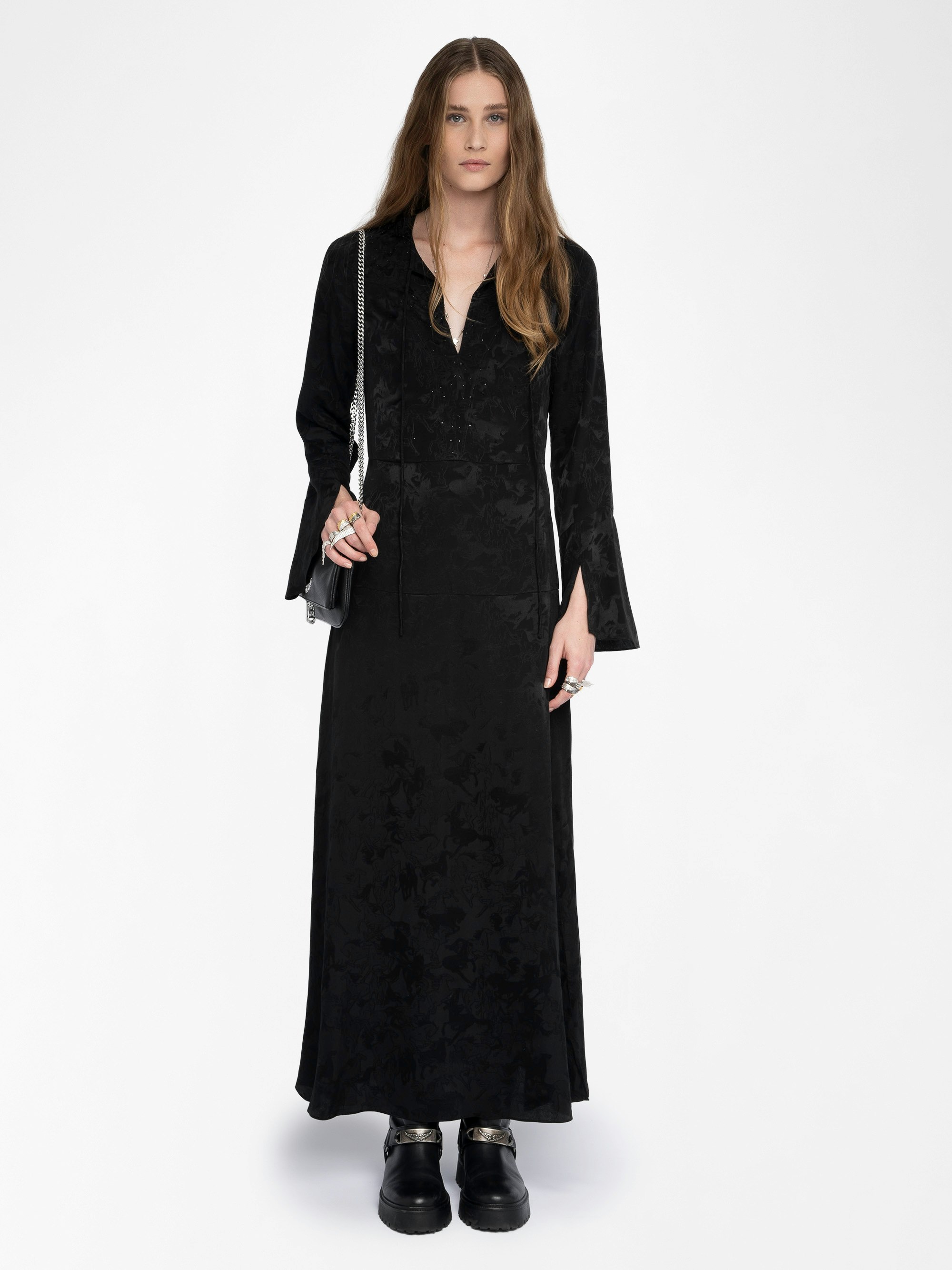 Rikal Silk Dress - Long dress in jacquard horses silk, long sleeves, side slit and lace-up neckline.