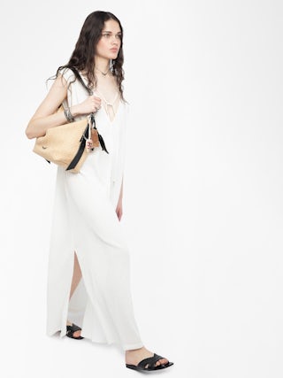 Rimati Kleid - Langes Kleid aus Baumwollgaze, Ausschnitt vorne und hinten, ärmellos und Kordeln mit Flügeln.