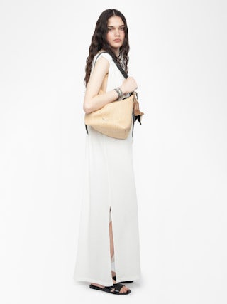 Rimati Kleid - Langes Kleid aus Baumwollgaze, Ausschnitt vorne und hinten, ärmellos und Kordeln mit Flügeln.