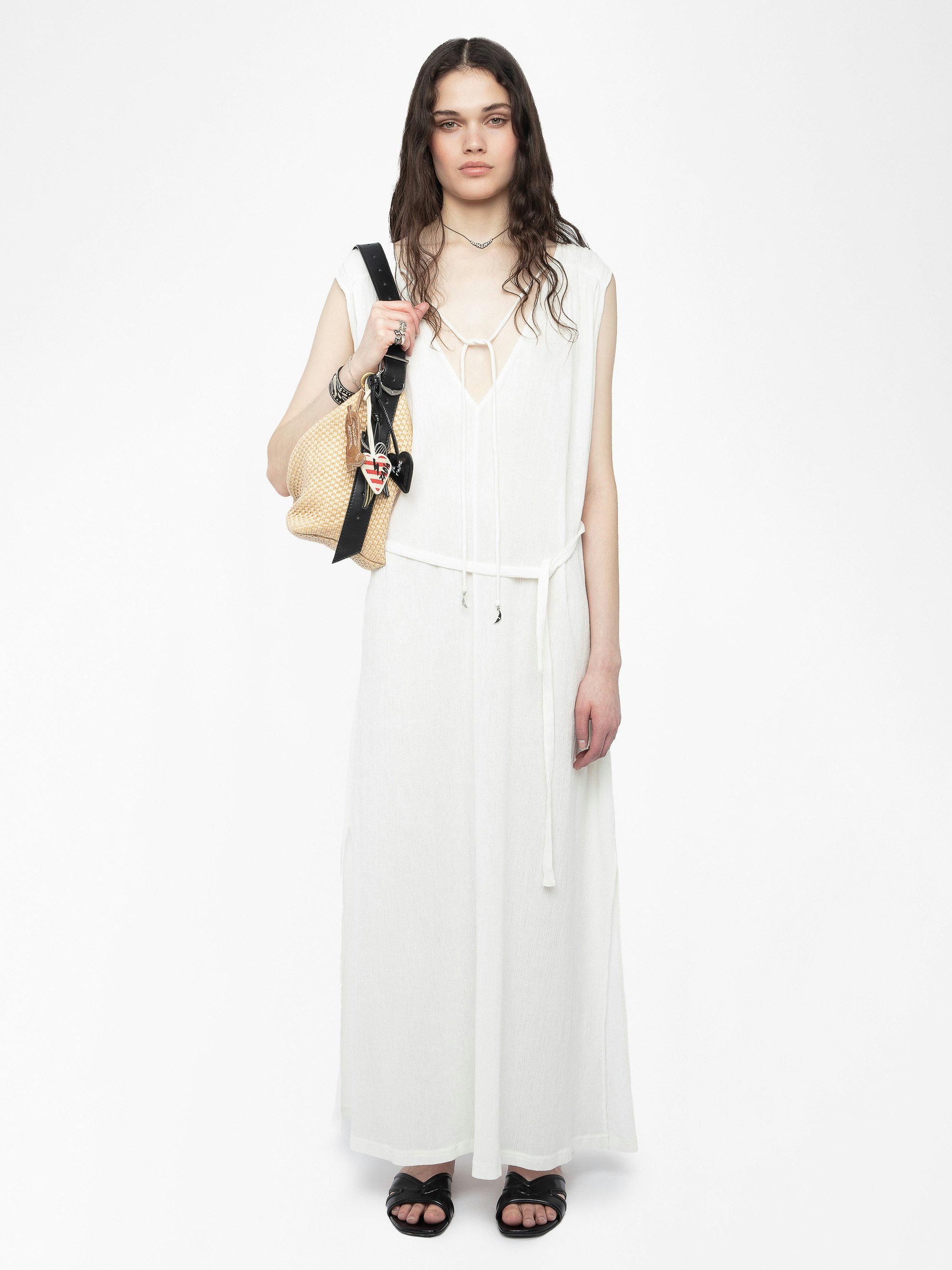 Rimati Dress - Long dress in cotton gauze, front and back neckline, sleeveless, and cords with wings.