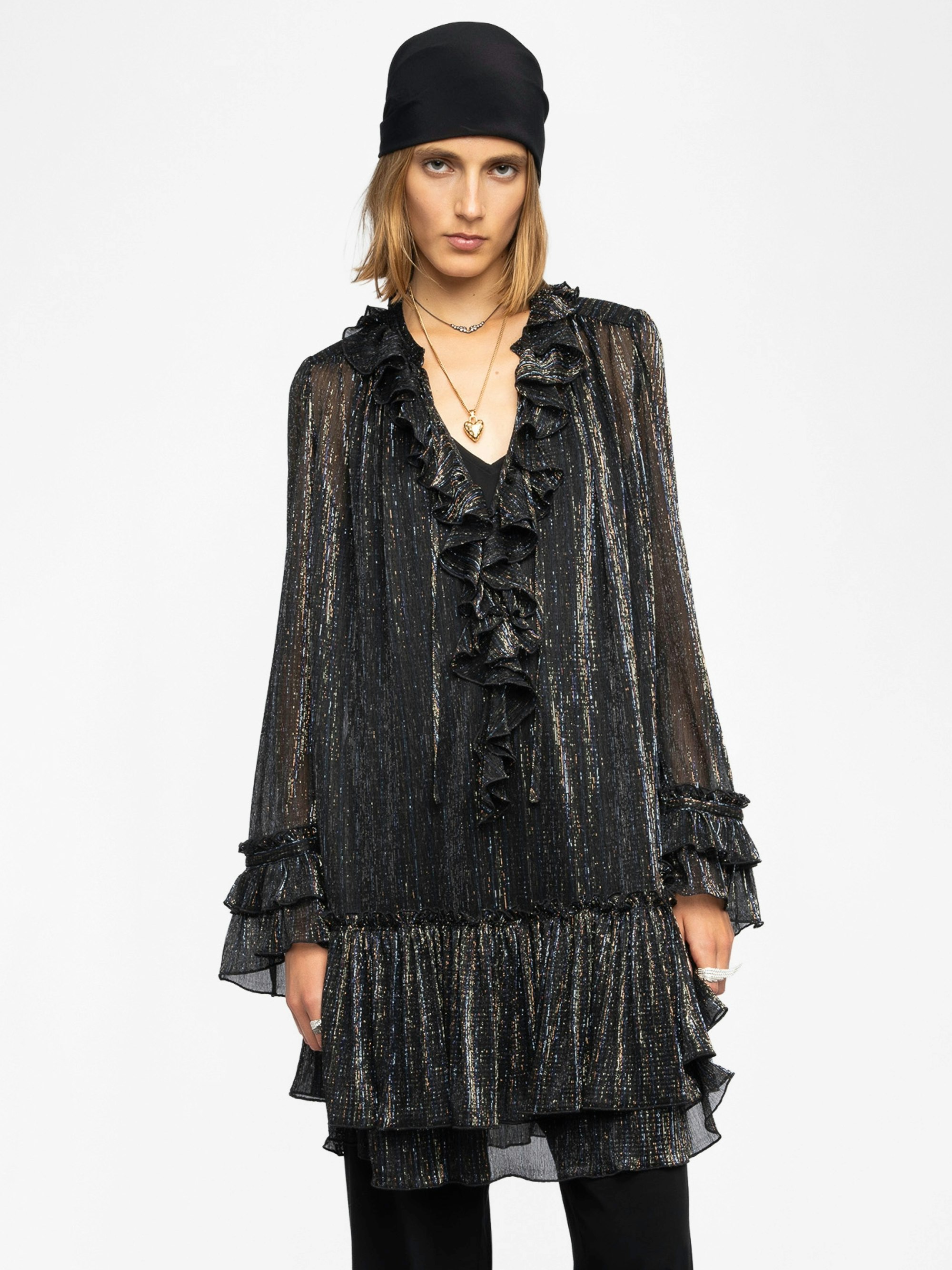 Ralice Dress - Short dress in chiffon with multicolor metallic fibers, long sleeves.