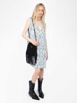 Rimatis Kleid - Kurzes Kleid aus bedruckter Viskose, ärmellos, Kordel mit Flügeln und abnehmbarem Gürtel.