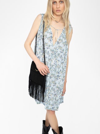 Rimatis Kleid - Kurzes Kleid aus bedruckter Viskose, ärmellos, Kordel mit Flügeln und abnehmbarem Gürtel.