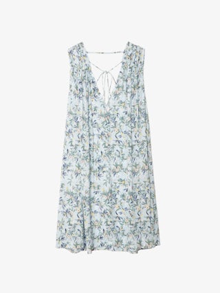 Rimatis Kleid - Kurzes Kleid aus bedruckter Viskose, ärmellos, Kordel mit Flügeln und abnehmbarem Gürtel.