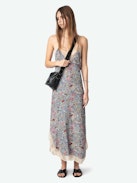 Ristyl Dress - Long light blue crepe lingerie-style dress with British floral print, thin straps and lace-trimmed neckline.