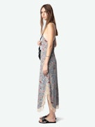 Ristyl Dress - Long light blue crepe lingerie-style dress with British floral print, thin straps and lace-trimmed neckline.
