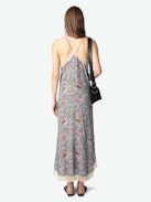 Ristyl Dress - Long light blue crepe lingerie-style dress with British floral print, thin straps and lace-trimmed neckline.